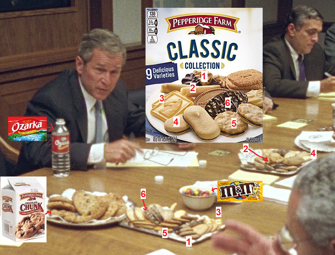 Bush, others with Pepperidge Farm cookies and Ozarka water