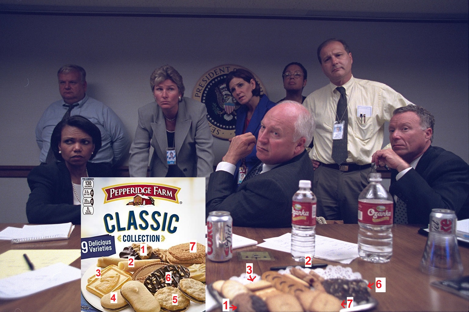 Cheney, Condi, others with Pepperidge Farm cookies and Ozarka water